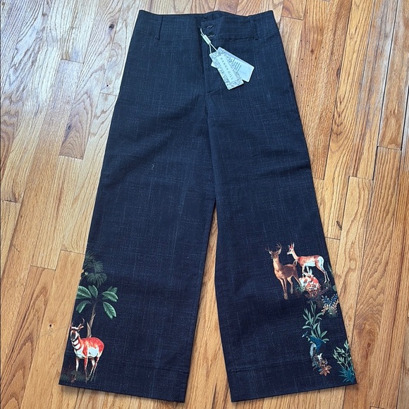 Ranna Gill Pants - Ranna Gill Black Wide-Leg Pants with Deer & Botanical Printed Hems